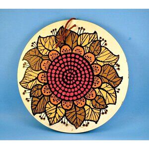 Kitschy Trivet FLOWER POWER 11 inch Wall Hanging MOD Decor Orange Red Wood